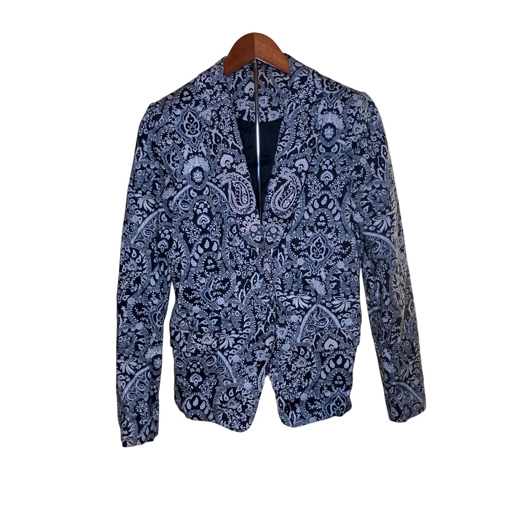 MNG  Paisley Blazer Women S Navy Blue  Tailored Damask Jacket Vintage Style